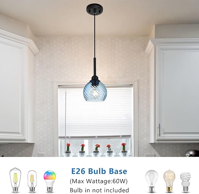2 Pack Pendant Lights Kitchen Island with Blue Striped Swirl Globe Glass, Modern Hanging Light Fixtures Semi Flush Mount Stylish Black Pendant Lighting for Dining Room Hallway Bedroom Bar