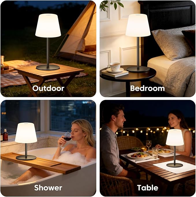 NEEZUKAR Cordless Table Lamp for Bedroom,Rechargeable IP65 Waterproof Shower Lamp with Battery Operated, Touch Dimmable LED Desk Light for Bathroom,Kitchen,Outdoor Patio (Black)