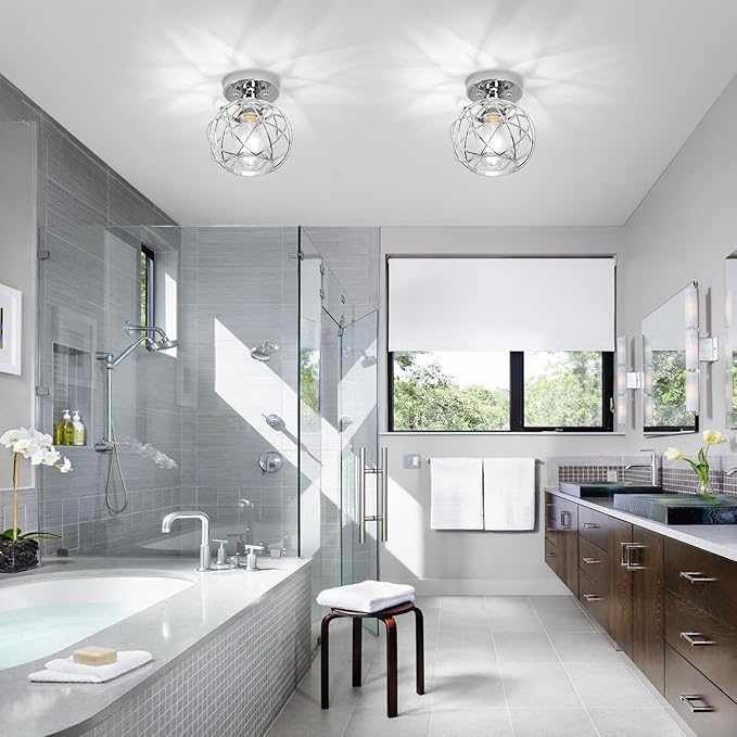 Hallway Ceiling Light Fixtures,Flush Mount Ceiling Lights Metal Cage Indoor Industrial Ceiling Lights E26 Semi Flush Mount Ceiling Light for Porch Entryway Foyer Bathroom(Chrome)