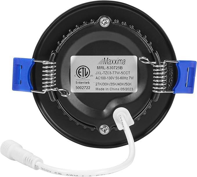 Maxxima 3 in. 5 CCT Ultra Thin Recessed LED Downlight, 400 Lumens, Slim Canless Light, IC Rated, 5 Color Temperature Selectable 2700K/3000K/3500K/4000K/5000K, Dimmable, Black Trim, J-Box Included