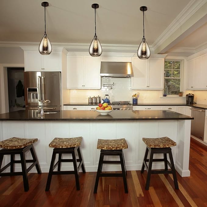 Industrial Glass Pendant Lights for Kitchen Island, Modern Teardrop Chrome Mirror Effect Lighting Fixture Edison Hanging Light for Farmhouse Bar Area Over Sink Dining Room (Bulb Not Included)