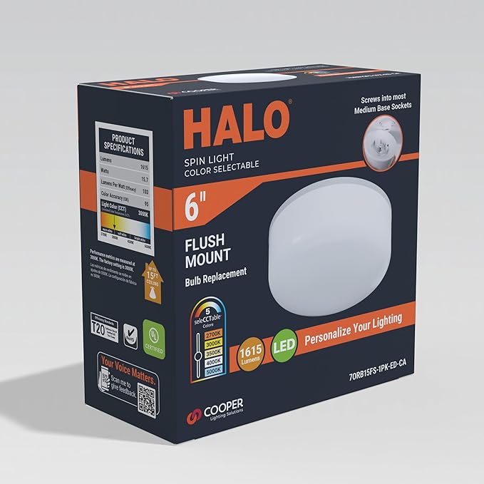 HALO Spin Light 6 inch Flush Mount LED Ceiling Light Fixture 1600 Lumens 15W Selectable CCT 2700K-5000K Easy Screw in Installation Replaces 100W Bulbs