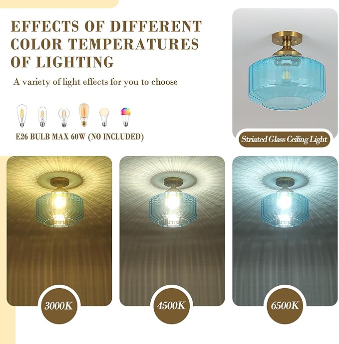 11.8in Semi Flush Mount Ceiling Light Fixture, Vintage Striated Glass Kitchen Lighting Fixtures Ceiling Mount for Entryway Hallway Bedroom Dining Room Bathroom Foyer Laundry (Blue)