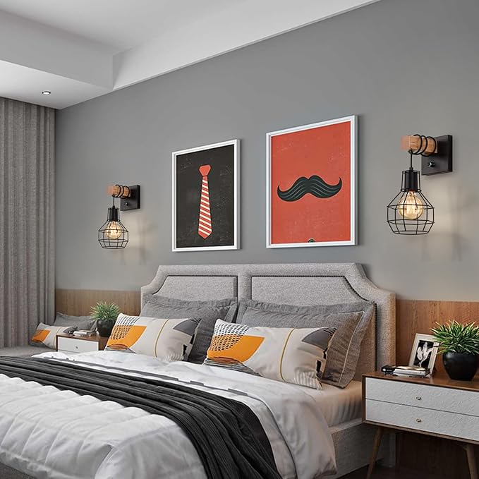 Set of 2 Industrial Wall Sconces with Dimmer ON/Off Switch, Farmhouse Wall Mount Light with Metal Cage Shade, Black Wall Lights Indoor for Kitchen Living Room