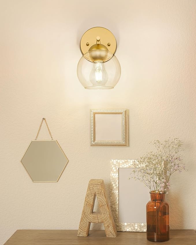 Emak 2 Light Bathroom Vanity Light, Modern Gold Wall Sconce with Clear Glass Shade, Globe Wall Lights for Living Room, Pictures, Bedroom, Bathroom, Hallway, WS114-GD-2PK