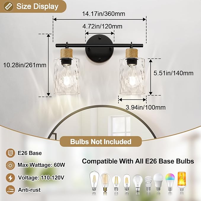 MOKATNG Bathroom Light Fixtures, 2-Light Coastal Vanity Lights with Crystal Glass Shade, Brown and Gold Bathroom Wall Lamp for Mirror Kitchen Hallway Cabinet