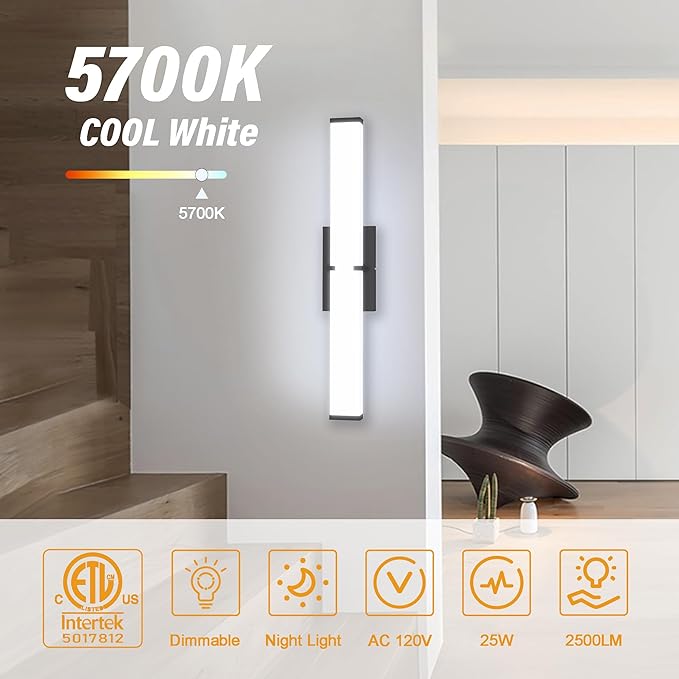 Bathroom Vanity Light with Night Light Cool White 5700K Black Modern Matte Bathroom Lighting Fixtures; 24 Inch IP44 25W Equivalent to Incandescent 250W for Over Mirror Vanity Light ETL Listed