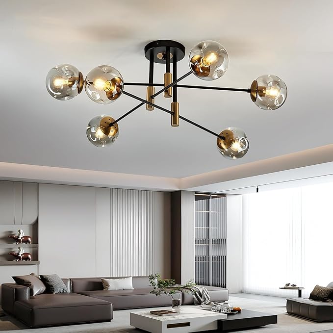6-Light Glass Globe Sputnik Light Fixture Modern Matte Black and Gold Chandelier Semi Flush Mount Ceiling lamp for Living Room Kitchen Dining Room Farmhouse Bedroom