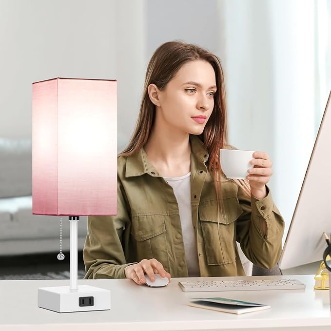 15'' Table Lamp for Bedroom set of 2,3-Color Bedside Lamps with Pull Chain Table Lamps for Night stands ,Small Night Light Lamps with 2 Bulbs Lamps for Living Room Kids Room Office Decor(Pink+White)