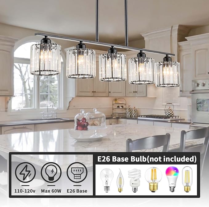 36" Black Chandeliers for Dining Room Light Fixtures over Table, 5-Light Black Linear Farmhouse Pendant Lights Kitchen Island Lighting, Modern Island Lights for Kitchen with Clear K9 Cystal Shades