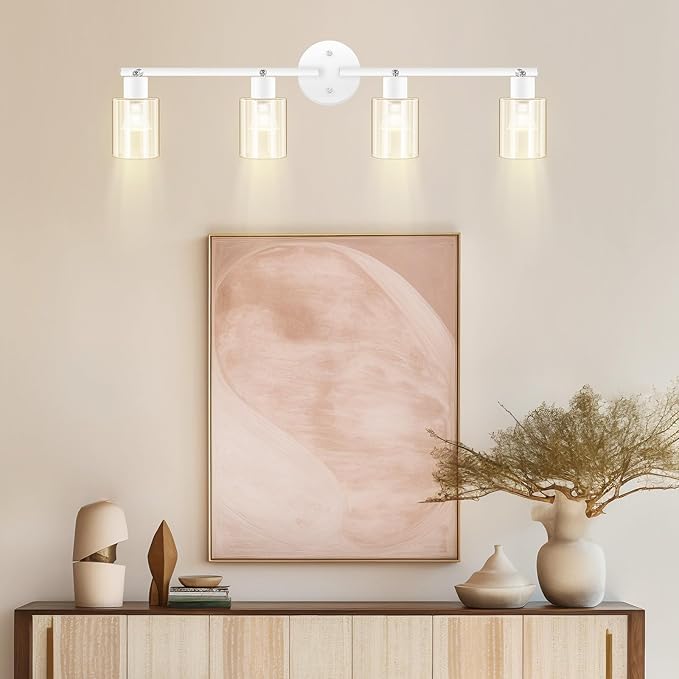 BoostArea 4-Light Bathroom Light Fixtures, White Modern Vanity Wall Lights with Clear Glass Shade, Flexibly Ceiling Light for Mirror Kitchen Living Room Hallway Cabinet Porch