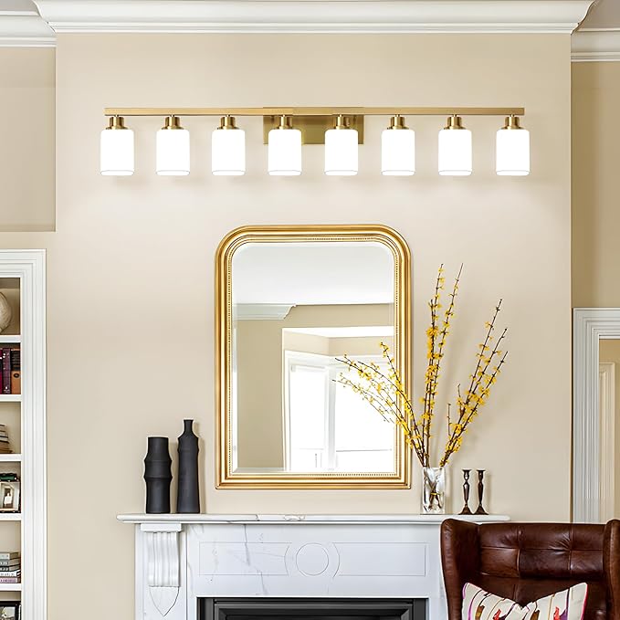 Bathroom Vanity Light,8-Light Brushed Gold Bathroom Light Fixtures with Square Frosted Glass, 51in Gold Wall Lamp Sconces for Mirror Bedroom,Living Room Hallway,E26