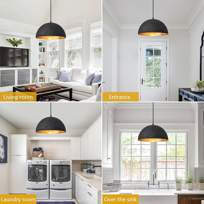 Farmhouse Pendant Light,11.8" Black with Gold Grain Industrial Dome Chandelier,Adjustable Vintage Pendant Lights Kitchen Island for Dining Room,Bedroom,Hallway