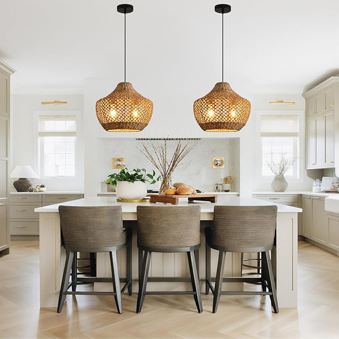 15.4" Rattan Pendant Light Fixtures,Boho Water Plants Pendant Light,2-Light Hand Woven Seagrass Chandelier for Workplace Occasions Restaurants Dining Living Bedroom Kitchen Farmhouse