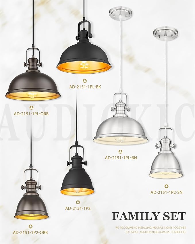 2-Pack Pendant Lights Kitchen Island, Farmhouse Hanging Lights Fixtures with Metal Shade, Rustic Kitchen Pendant Lighting Over Island for Dining Room, Matte Black, AD-2151-1P2L-BK