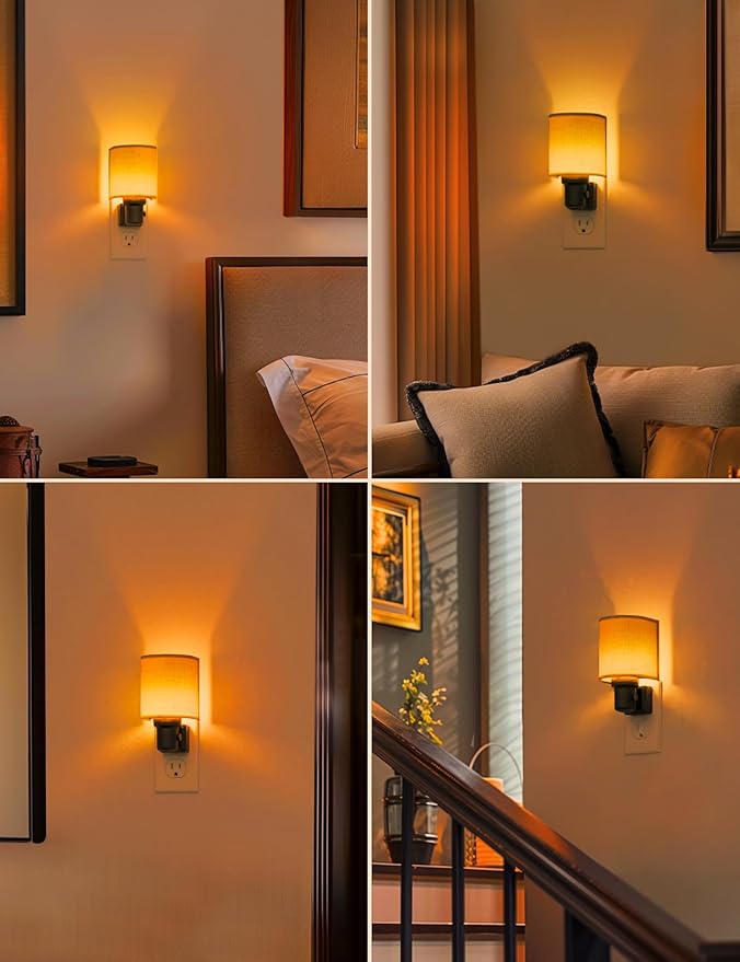 L LOHAS LED Amber Night Lights Plug into Wall, Plug in Night Light Dimmable, Farmhouse Decorative Nightlights Plug in Wall, Light Sensor, Linen Fabric Yellow Nightlight for Bedroom Hallway, 2 Pack