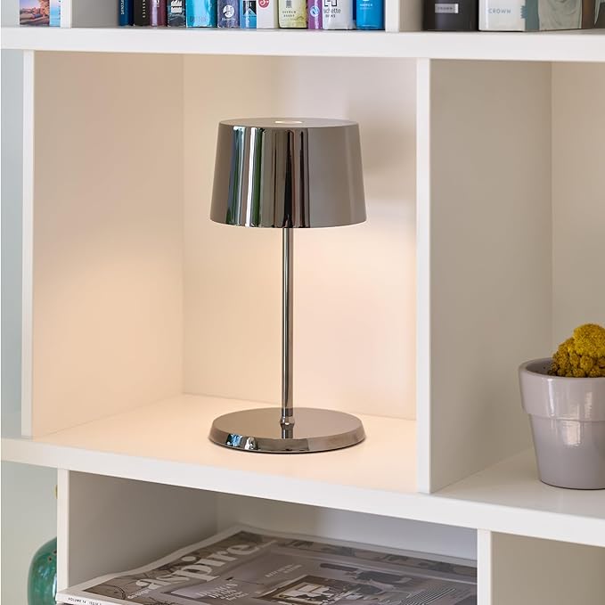Zafferano, Olivia Mini Lamp, Portable and Rechargeable Table Lamp with Touch Controls, Suitable for Indoor, Dimmer, 2200-3000 K, Height 8.7 Inches, Black Chrome Color