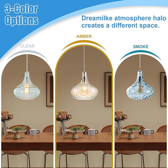 Amber Glass Pendant Light - 11-Inch Hammered Glass Ceiling Light with Brushed Nickel Finish, Adjustable Hanging Cord, Modern Lighting for Kitchen Island, Dining Room, Living Room & Hallway