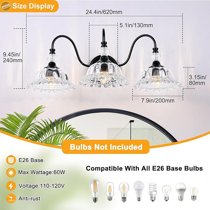 Vintage Bathroom Vanity Light Fixtures 3 Lights Matte Black Vanity Lights for Bathroom with Floral Crystal Glass Shades Wall Lighting Fixtures Over Mirror(Exclude E26 Bulb)