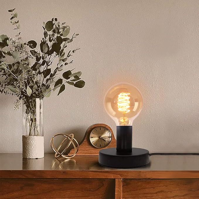 Industrial Table Lamp Base,Small Polished Metal Desktop Light Sockets Base Only,Vintage E26/E27 Edison Screw Light Bulb Holder Base,with 6ft Cord Switch Plug Bulb Base Holder(Black)
