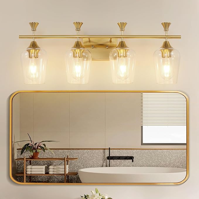 Bathroom Light Fixtures (4-Light, 29 Inch), Brushed Gold Vanity Lights for Bathroom with Clear Wine Glass Glass Shade, Modern Vanity Wall Lights for Mirror Bedroom Living Room Kitchen Hallway Porch