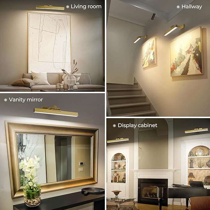 Afyuol Picture Lights for Wall, Brushed Gold Battery Operated Picture Light 16in Art Light CCT Dimmable Recharging Battery Wall Light with Remote Control for Living Room Gallery 2PCS