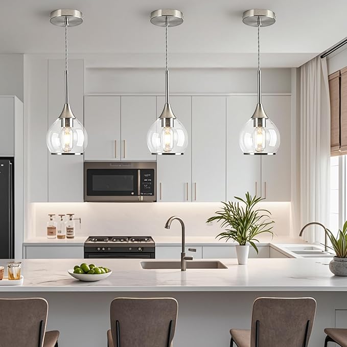1-Piece Island Light for Kitchen, 1-Light Brushed Nickel Kitchen Island Hanging Pendant Light with Clear Round Glass Shades, Brushed Nickel Finish Dining Room Light Fixture Over Table