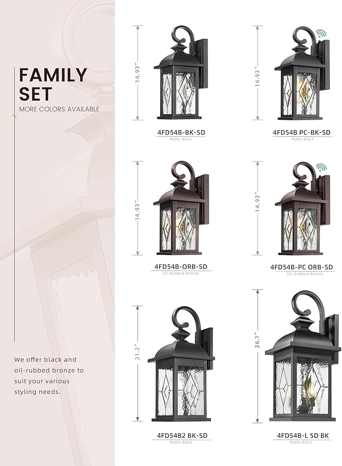 FEMILA Dusk to Dawn Outdoor Wall Light Fixtures, 15" Exterior Waterproof Wall Sconce, Front Porch Lights, ORB Finish with Hammered Glass, E26, UL Listed, 4FD54B-PC ORB-SD