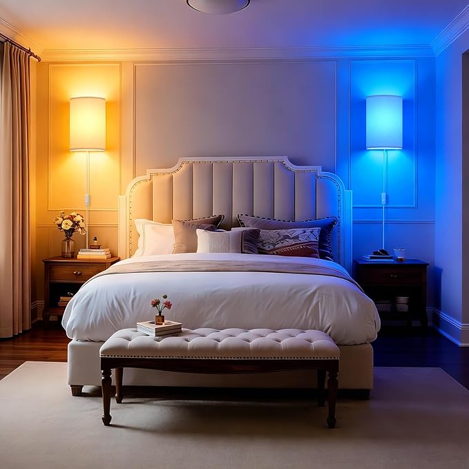Plug in Wall Sconces Set of Two: Wall Lights with 7 RGB Colors - 3 Color Temperature Wall Mount Lamps with Remote - Fabric Linen Wall Sconc for Bedroom Living Room & Hallway- Indoor Corded Wall Sconce