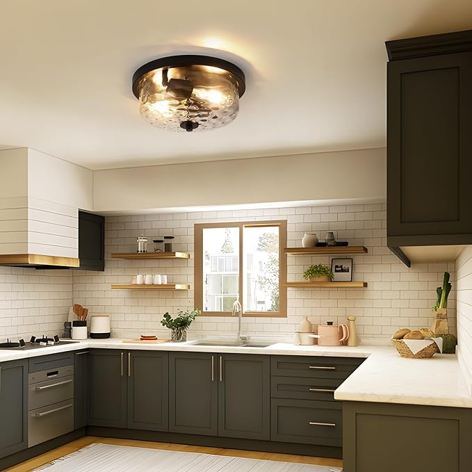 Black Flush Mount Ceiling Light, Farmhouse Hallway Light Fixtures with Water Ripple Glass Shade 2-Light Outdoor Flush Mount Lights for Porch Ceiling, Kitchen, Foyer, Entryway, Dining Room