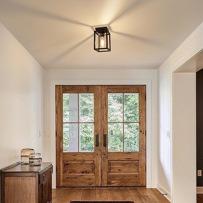 Baocuz Semi Flush Mount Ceiling Light Fixture, Black Metal Frame Porch Ceiling Light Fixture with Clear Glass Shade and E26 Ceramic Base, Farmhouse Light Fixtures for Kitchen Entryway Foyer