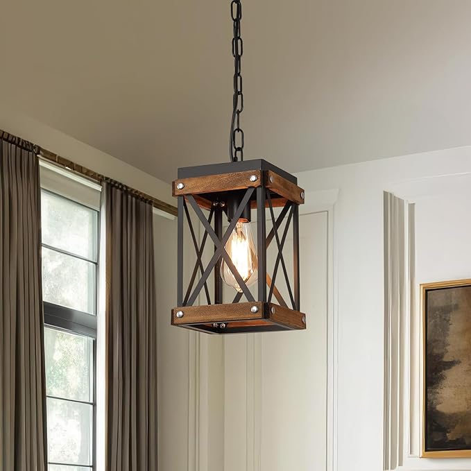 2 Pack Rustic Farmhouse Plug in Pendant Light Fixture with Adjustable Chain, Oak Wood and Metal Lantern Cage Mini Hanging Lamp for Kitchen Island Living Room Hallway Farmhouse Bar, Black