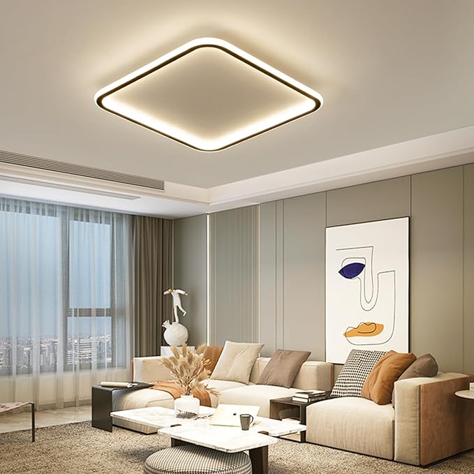Modern LED Ceiling Light, 23.6IN Square Black Flush Mount Ceiling Lights Fixture with Remote Control, Acrylic Ceiling Lamp for Bedroom Hallway Kitchen Island, 3000k-6500k Dimmable