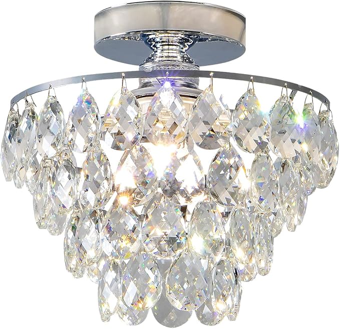 CM MZY Mini Crystal Chandelier Ceiling Light Small, Modern Chrome Crystal Flush Mount Ceiling Light, E26 Base Farmhouse Ceiling Lighting Fixture for Bedroom Bathroom Closet Hallway Kitchen