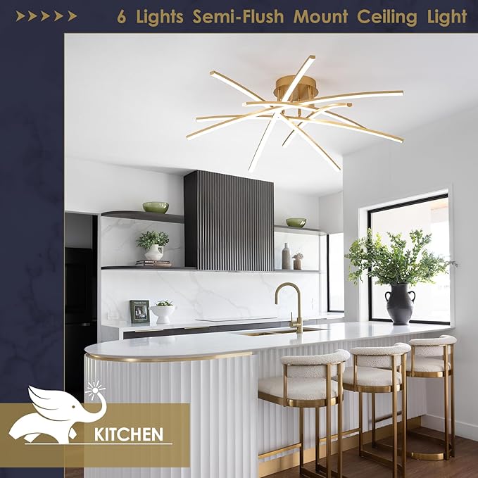 Gold LED Chandelier Semi Flush Mount Ceiling Light, 65W Remote Control Ceiling Lighting Fixture for Living Room Dining Room Kitchen Bedroom 32.8” Close to Ceiling Light Dimmable 3000K-6000K