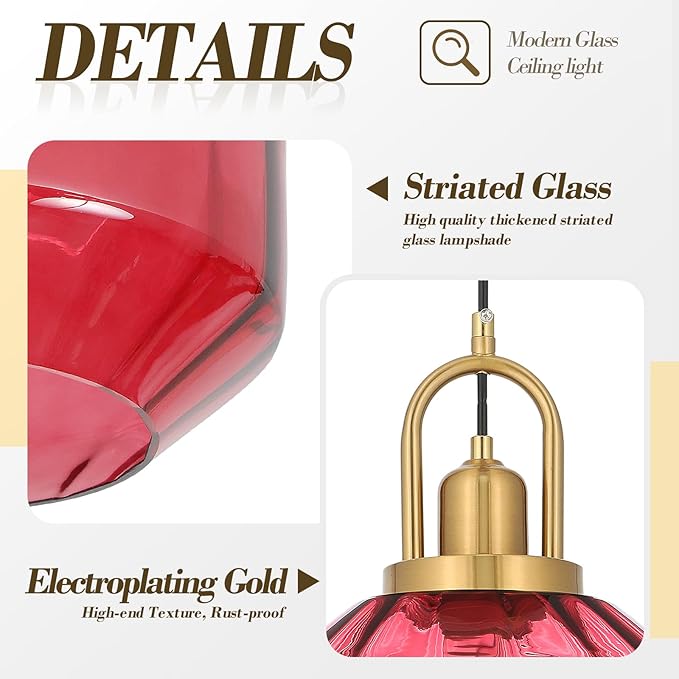 9in Mid Century Modern Wine Red Glass Pendant Light Fixture, Small Gold Kitchen Island Pendants Light Glass Ceiling Hanging Lamp for Foyer Dining Room Bedroom Entryway Hallway Over Sink