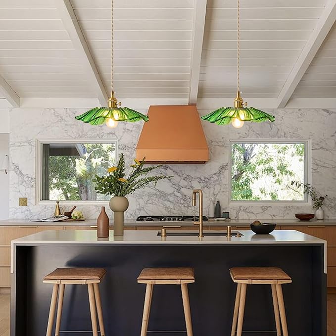 Vintage Pendant Lights Kitchen Island Fixture Glass Hanging Light Green Flower Light 2pack Modern Chandelier Island Lights for Bedroom Kitchen Hallway Bathroom Dinging Room Green Sunflower