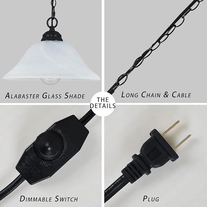 Traditional Plug in Pendant Light Fixture Alabaster Glass Shade, Black Hanging Lamp with Dimmable Switch,16.4Ft Cord & 14.7Ft Chain for Kitchen Sink Corner Nook