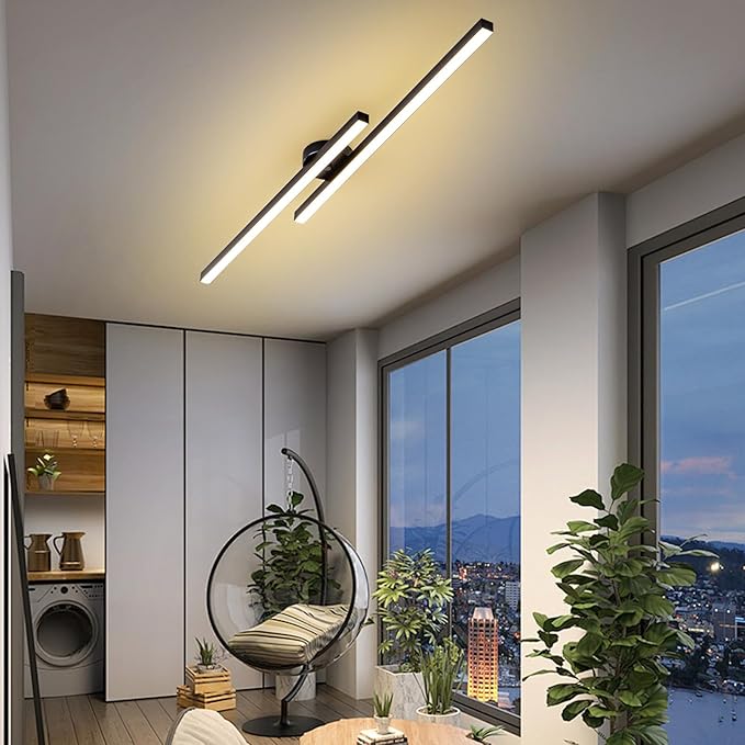 JAYMP 43.3" Modern Ceiling Light with Remote, Black Sputnik Ceiling Lamp, 32W Dimmable LED Lighting Fixture for Dining Room Living Room Kitchen Island Hallway, 2 Lights