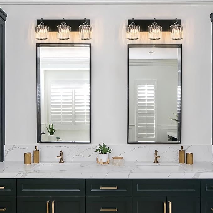 Black Crystal Bathroom Vanity Lights, Modern 3-Lights Bathroom Lighting Fixtures Over Mirror, Crystal Wall Lighting with Round Shade