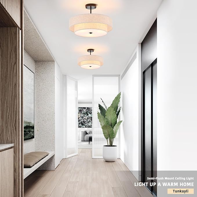 Semi Flush Mount Ceiling Light, 18" Black Drum Ceiling Light Fixture, 3-Light with 2-Tier Beige Linen Fabric Shade, Modern Farmhouse Close to Ceiling Light for Bedroom, Kitchen, Entryway