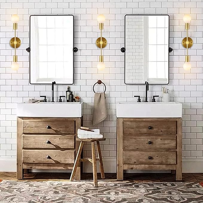 Brushed Brass Wall Sconce 2 Lights Bathroom Vanity Modern Industrial Wall Lamp Wall Mount Lighting Fixture(Gold Color)