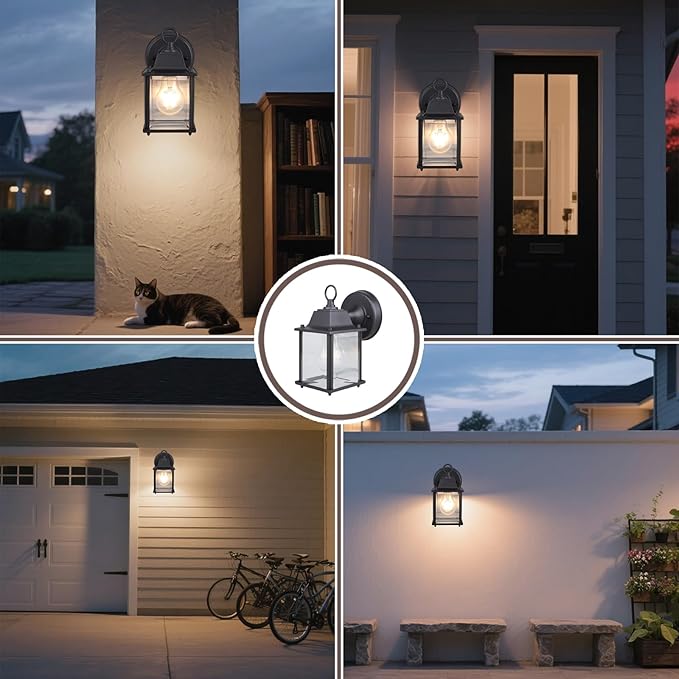 Classic Black Aluminum Wall Lamp – Wet Location Outdoor Fixture, Die-Cast Aluminum & Tempered Glass, E26 Base (60W Max) for Porch, Garage, Garden (Single Pack
