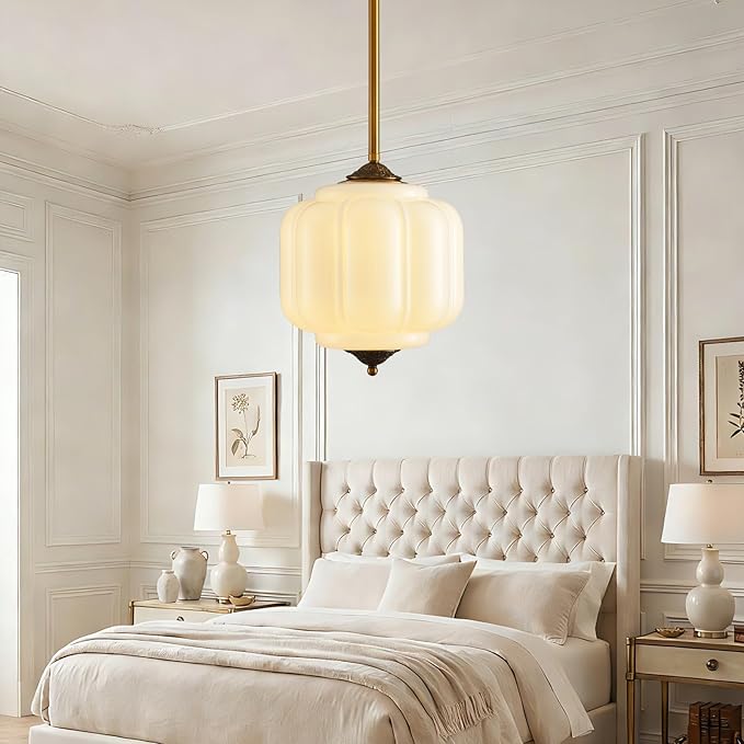 LOUSACE 10 Inch Vintage Milk Glass Ceiling Light Fixture, Semi Flush Mount Pendant Light with White Glass Shade, Ceiling Light for Kitchen Hallway Dining Room Bedroom (Bulb Included)