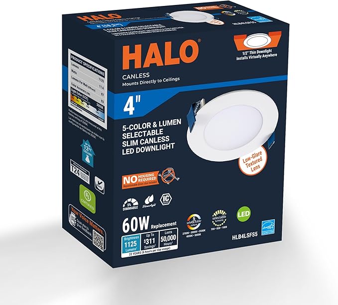 HALO HLB 4 inch LED Recessed Ceiling Light Canless Dimmable with Selectable Lumens and Selectable Color 27/30/35/40/5000K Wet Location Airtight Ultra Slim Indoor Outdoor HLB4LSFS5