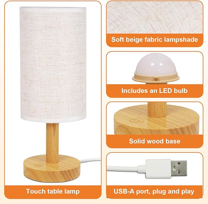 Touch Bedside Table Lamp with USB Powered,Stepless Dimming 2700K Warm Night Light, Minimalist Wood Base Linen Shade,Boho Nightstand Lamp for Bedroom Nursery Dorm Kitchen Small Spaces (5W LED 50K Hrs)