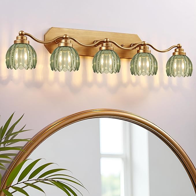 Vintage Bathroom Light Fixtures, Bathroom Lighting Fixtures Over Mirror, Gold Matte Antique Brass Finish with Green Crystal Glass Shade, Wall Sconces Lighting for Bedroom, Living Room (Green, 5-Light)