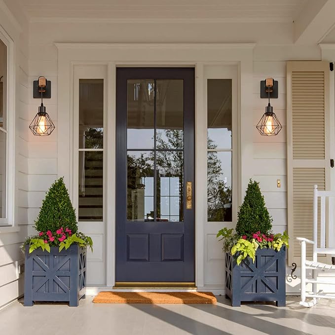 Rustic Wall Sconces Fixtures with Plug in Cord, Set of Two Indoor Vintage Rattan Wall Light Industrial Lamp Fixture Farmhouse Metal Sconces Light for Bedroom Bedside Living Room