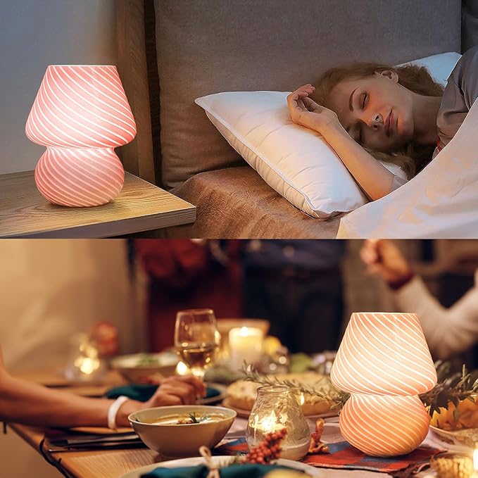 ULAROOM Dorm USB Plug-in Mushroom Lamp Small Bedside Table Lamp with 3 Temperature LED Bulb, Free Dimming Nights Light for Bedroom/Living Room/Entryway/Corner/Table Decor (Stripe Pink)