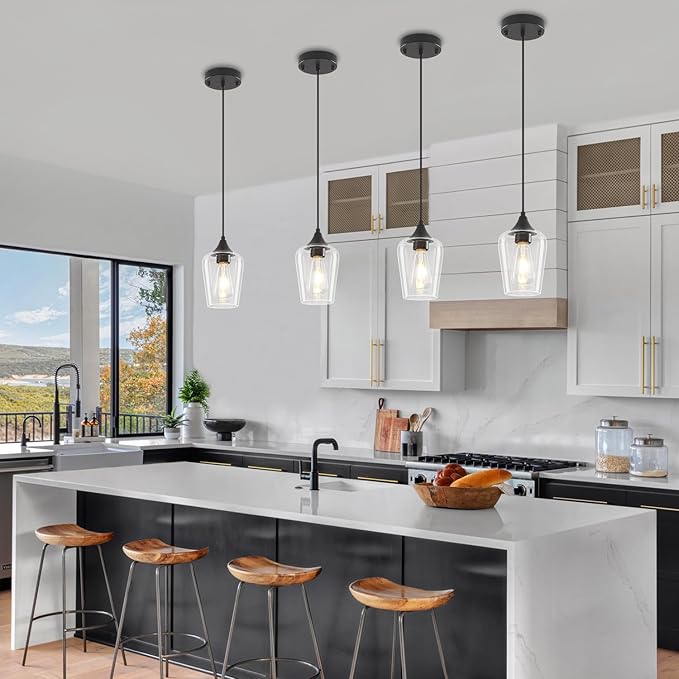 3-Pack Black Pendant Lights Kitchen Island, Modern Glass Pendant Lighting Over Island Kitchen Hanging Light Fixtures Hallway Pendant Lights for Bathroom Dining Room Entryway Foyer Bedroom